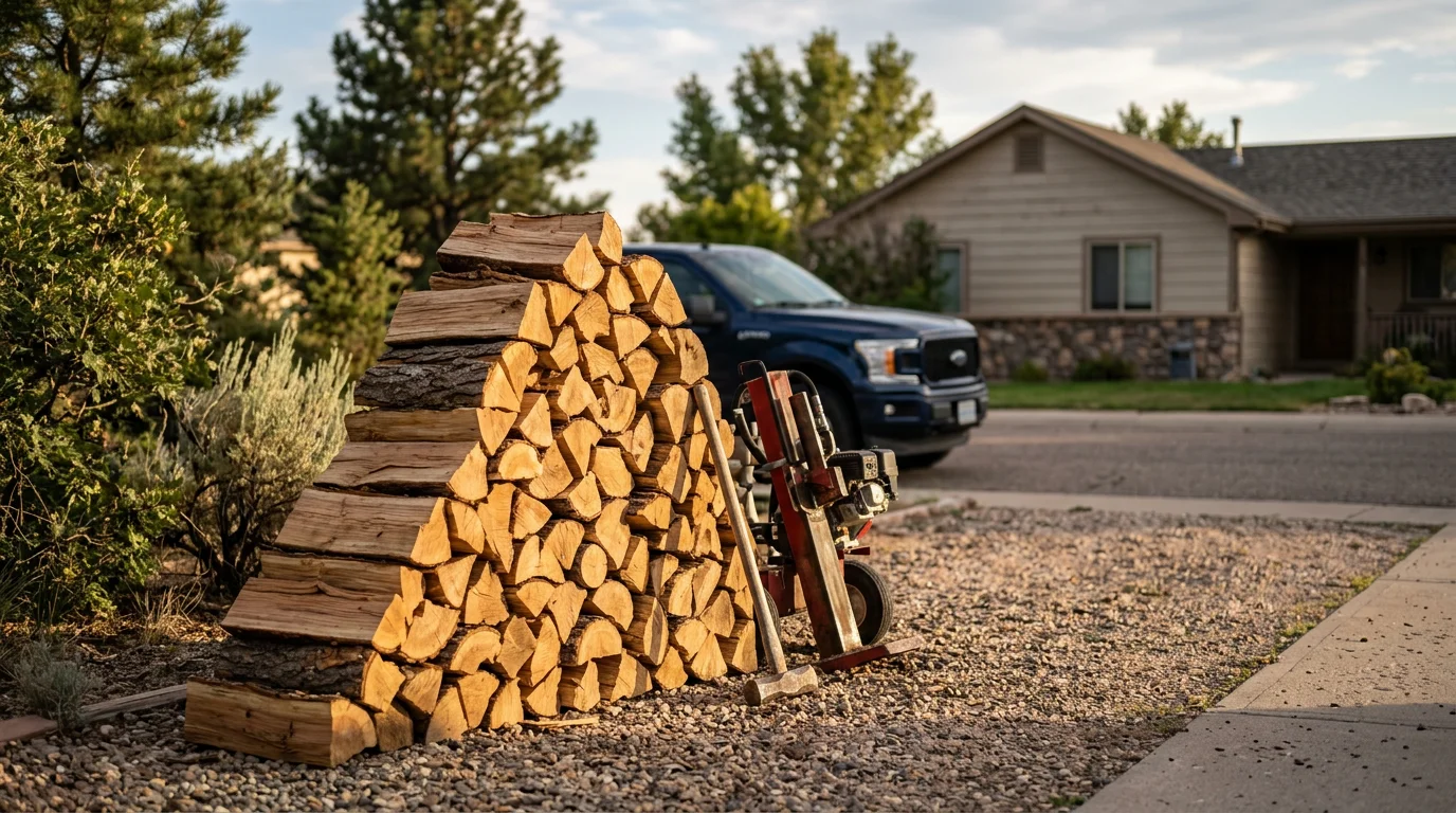 Neatly stacked cords of seasoned firewood ready for delivery