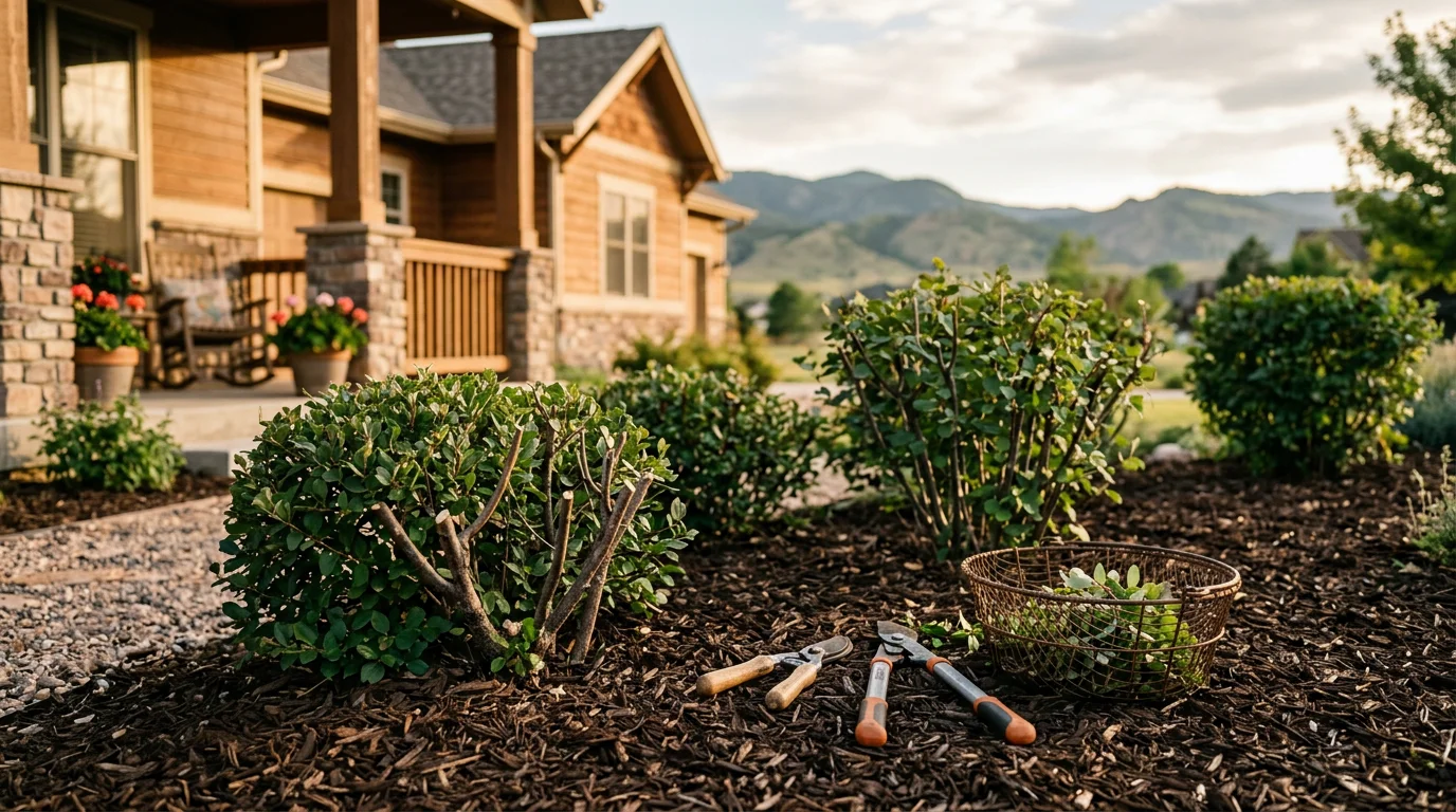 Professional landscaper trimming ornamental shrubs along a residential property line