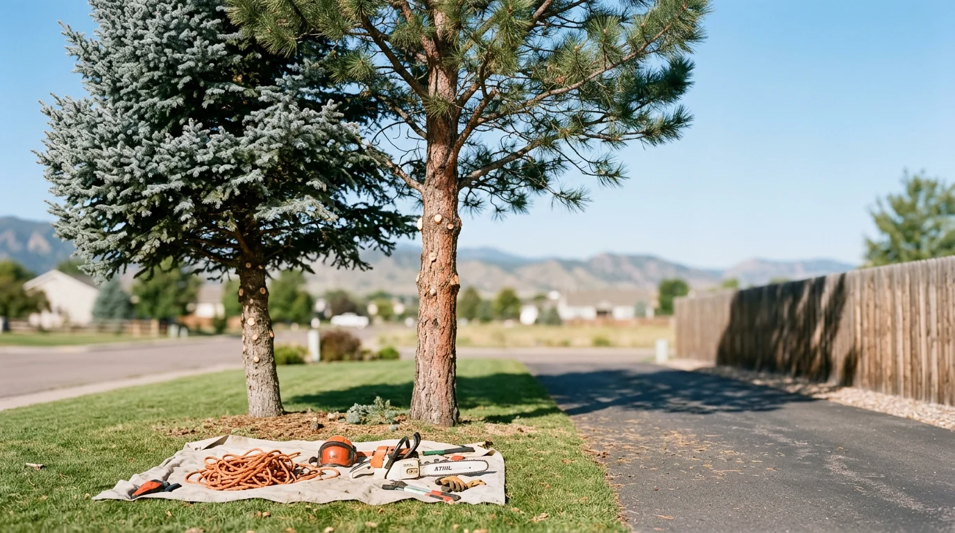 Professional arborist trimming a large tree with proper equipment and safety gear