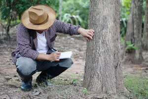 Arborist in straw hat and plaid shirt inspecting a large tree trunk and taking notes in a notebook in a wooded setting