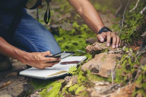 Person kneeling on mossy ground recording notes in a notebook beside rocks and exposed tree roots