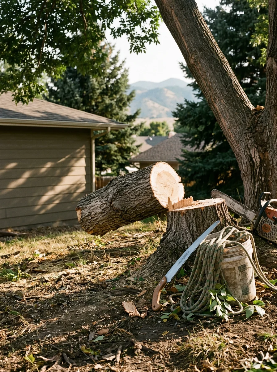 Close-up of a tree care professional removing a dead ash limb from a residential property in a Berthoud, CO subdivision, with the Front Range foothills visible in the distance.