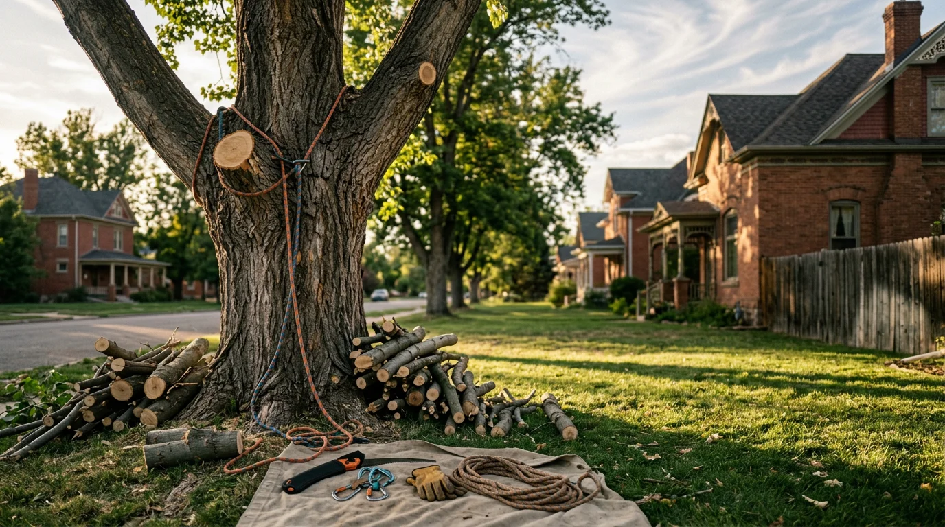 An ISA-certified arborist trimming a large mature cottonwood tree in a historic Berthoud, Colorado neighborhood with Victorian-era homes visible in the background.