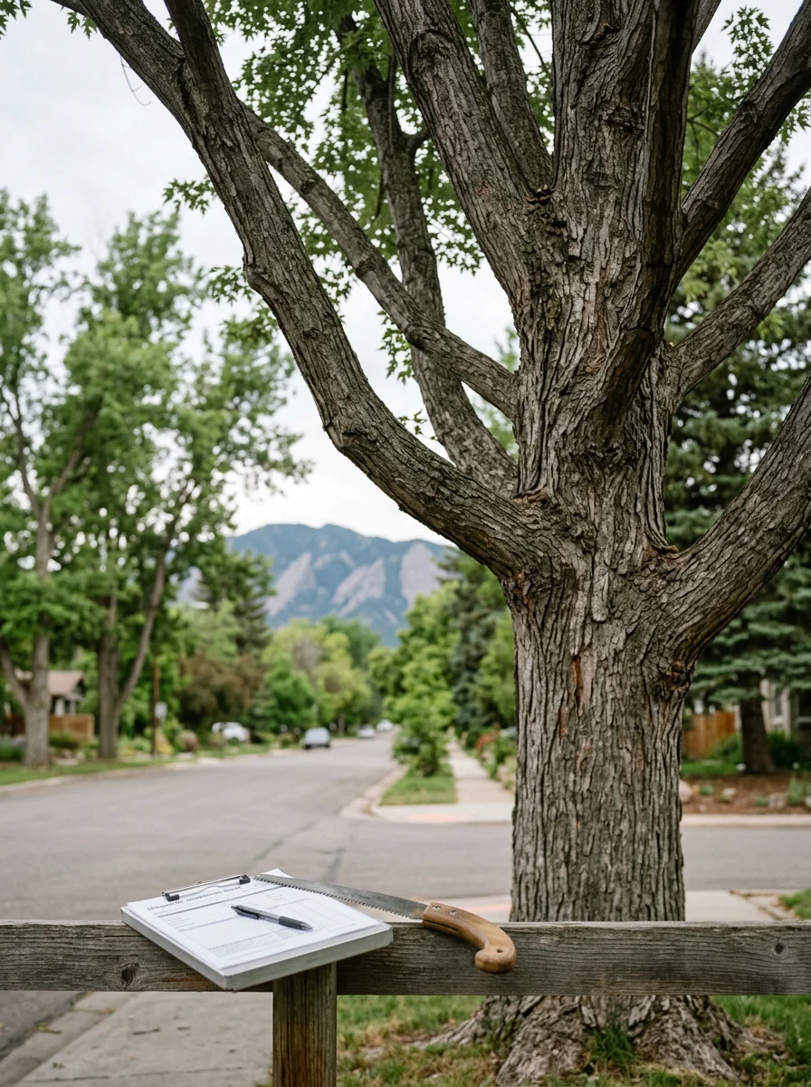 A tree care professional conducting a diagnostic assessment on a large silver maple in a Boulder, CO neighborhood, examining branch structure and bark condition on a tree-lined residential street.