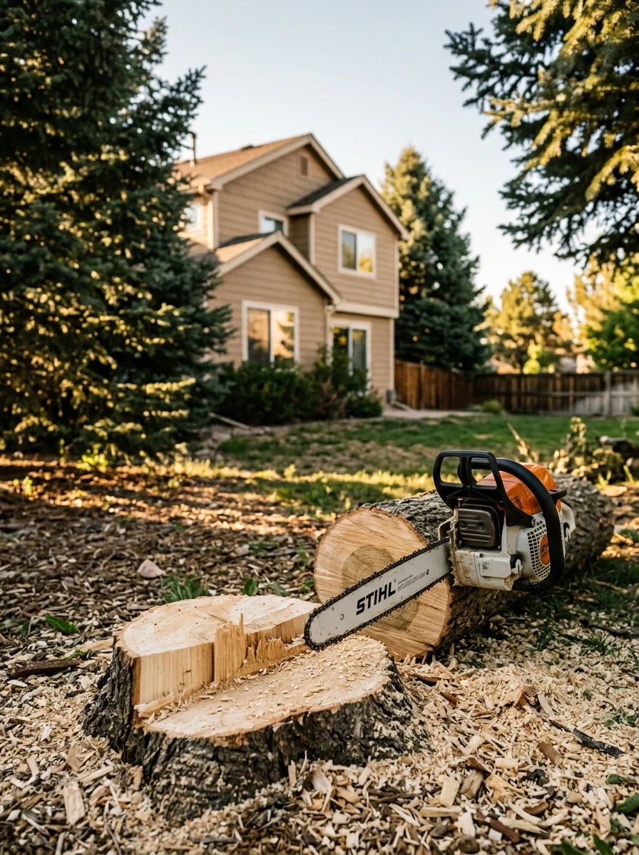 An arborist using a chainsaw to remove a dead ash tree from a residential backyard in a south Fort Collins, CO subdivision, with a newer two-story home in the background.