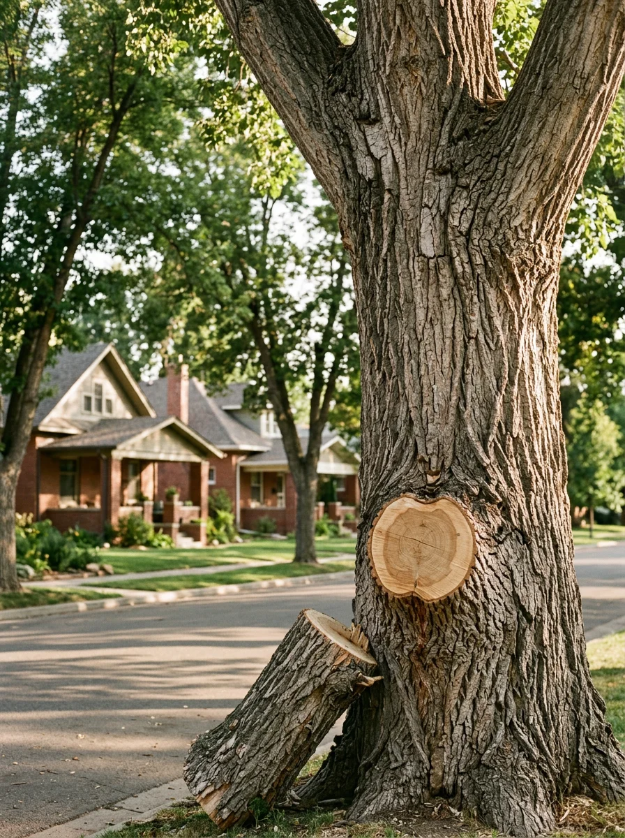 An arborist removing a dead limb from a century-old tree in the Glenmere neighborhood of Greeley, CO, with historic early-1900s bungalow homes lining the street.