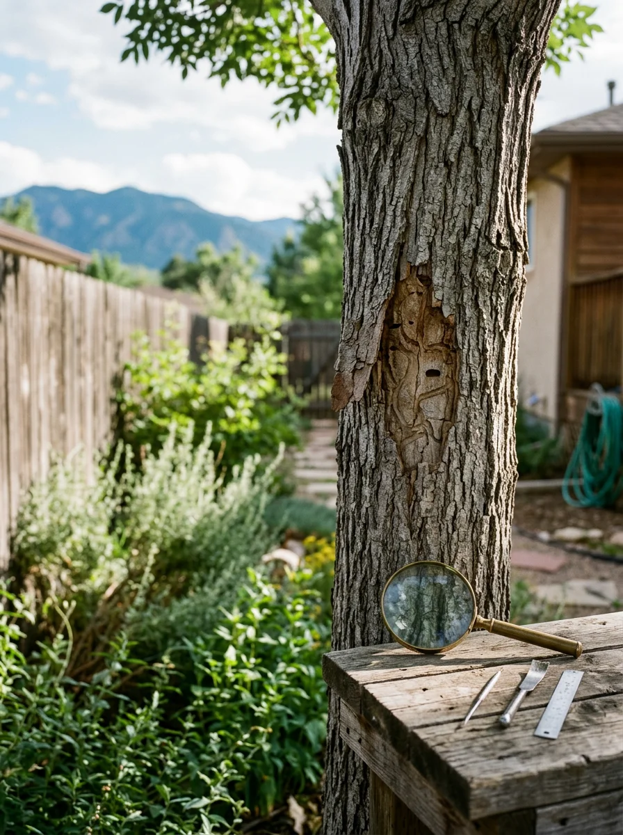 A tree care professional conducting a diagnostic assessment on an ash tree in a Longmont, CO backyard, examining the bark for signs of emerald ash borer damage.