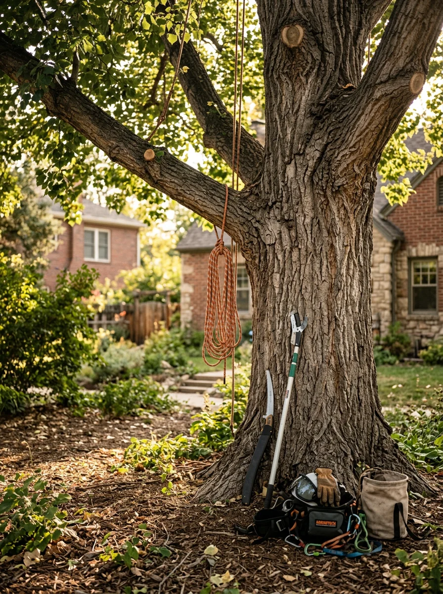 An arborist pruning the lower canopy of a mature cottonwood tree in an established Loveland, CO neighborhood near the Big Thompson River corridor.
