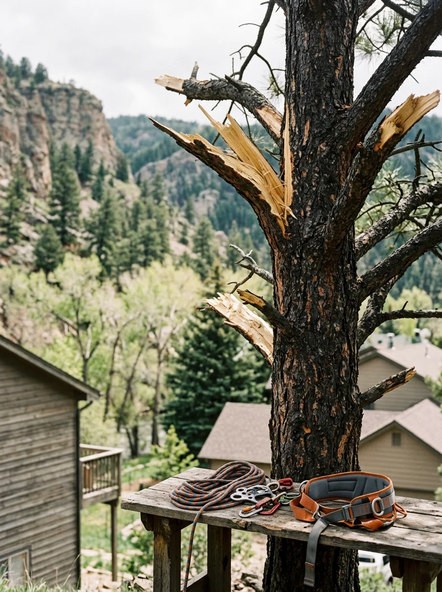 An arborist assessing a storm-damaged tree on a residential property in Lyons, CO, with the town's canyon-edge terrain and mixed residential and riparian landscape visible nearby.
