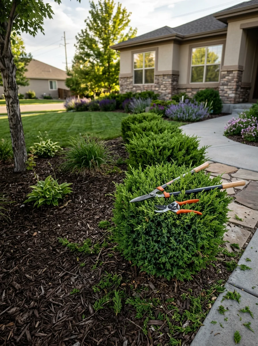 An arborist trimming overgrown shrubs along the front walkway of a residential property in Windsor, CO, with a newer suburban neighborhood visible behind the landscaping.