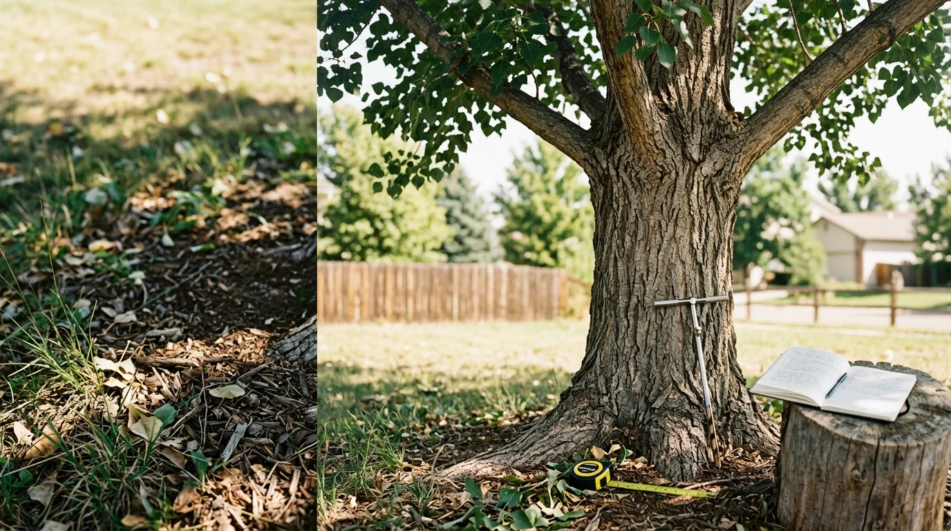 An ISA-certified arborist closely inspecting the trunk and bark of a mature shade tree on a residential property in Berthoud, Colorado, checking for signs of decay, structural defects, and pest damage.
