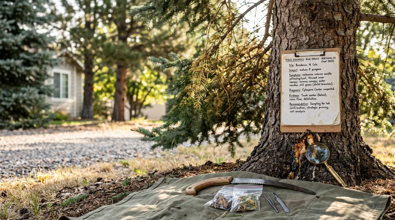 An ISA-certified arborist inspecting the bark and lower canopy of a stressed spruce tree on a residential property in Berthoud, Colorado. The arborist examines visible resin deposits and needle discoloration consistent with common Northern Colorado tree diseases.