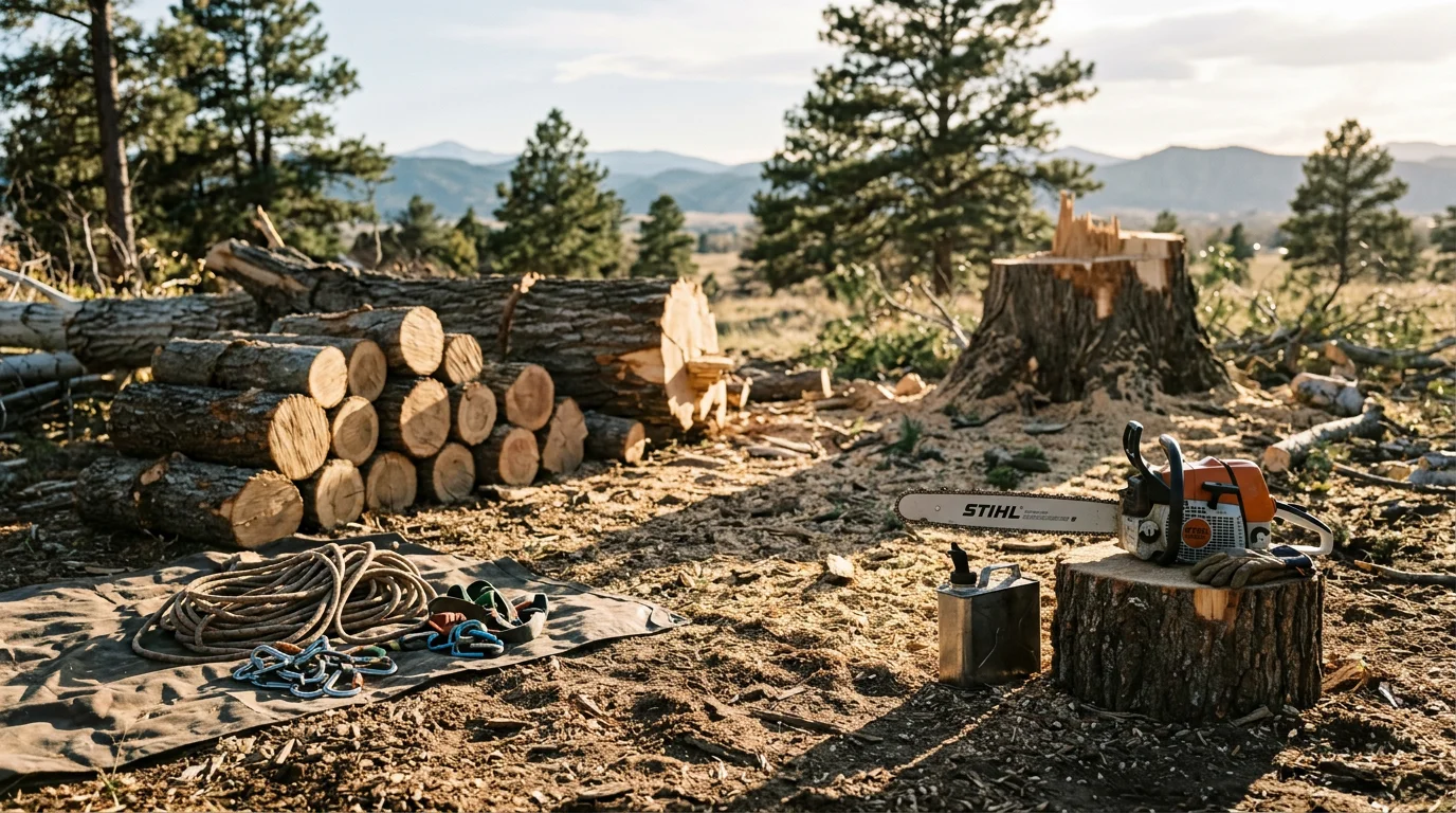 A large storm-damaged tree with a split trunk leaning against a residential structure in Berthoud, Colorado, with a tree service crew preparing for emergency removal. Debris from broken branches covers the surrounding yard.