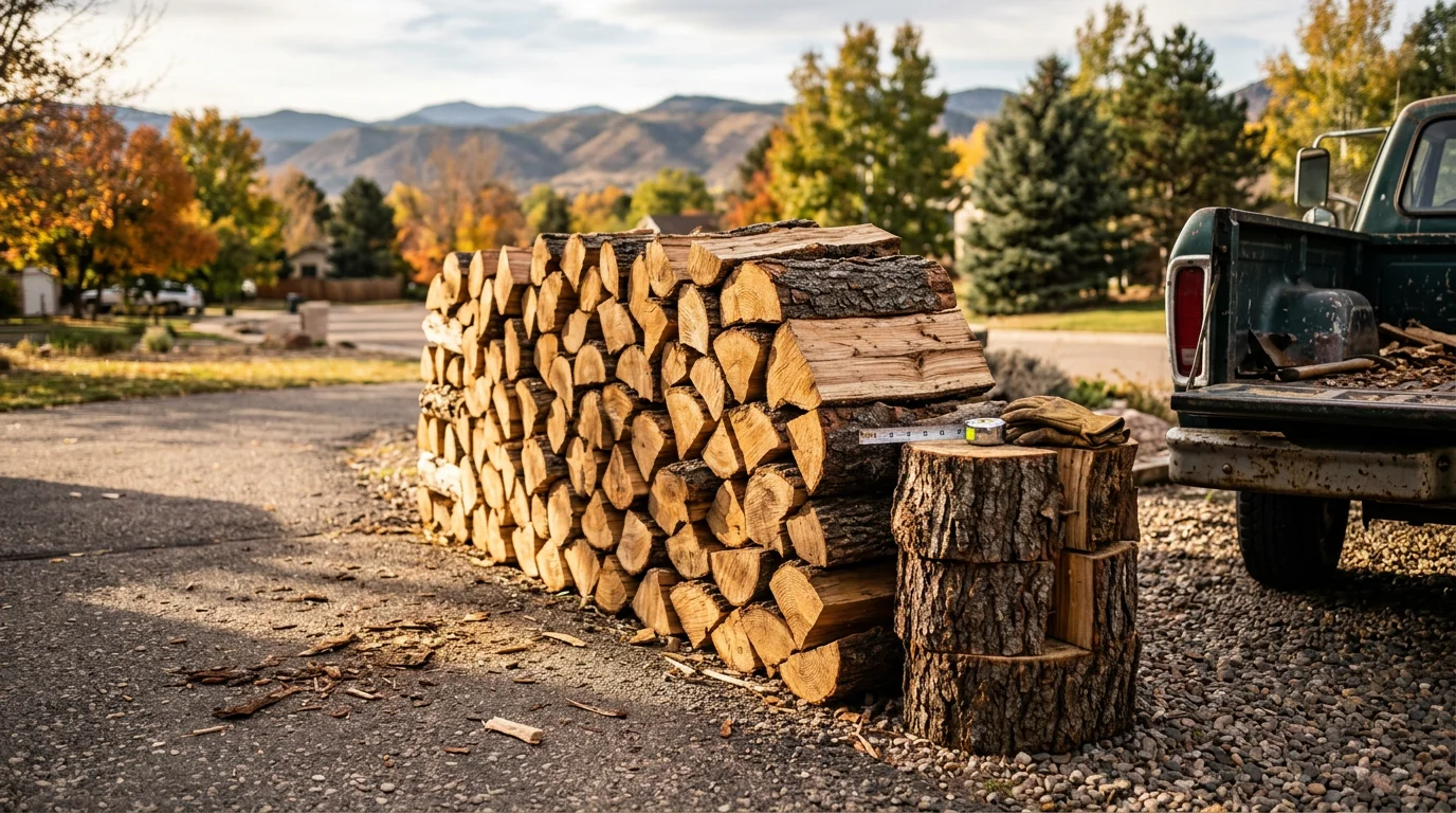 A neatly stacked cord of split firewood delivered to a residential property in Berthoud, Colorado, with the Front Range foothills visible in the background. A Colorado Native Tree Care truck is parked in the driveway after completing the delivery.