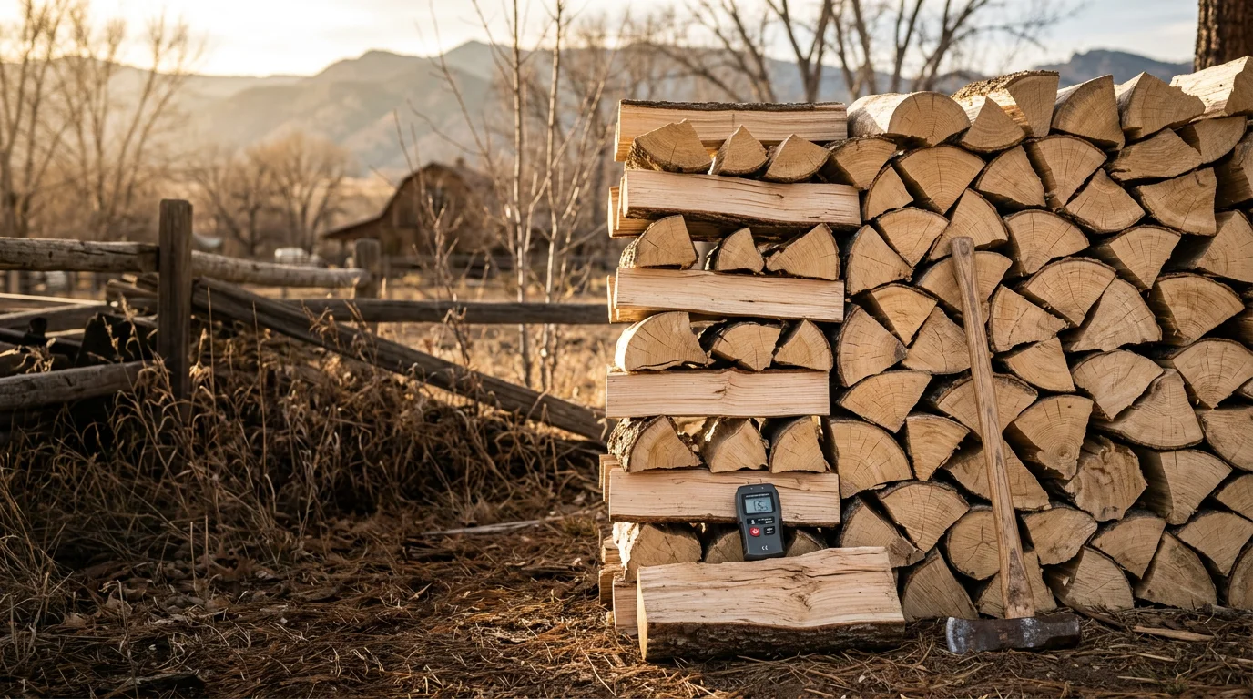 A neatly stacked cord of split seasoned firewood with visible end-grain cracking, staged beside a residential home in Berthoud, Colorado with the Front Range foothills visible in the background.