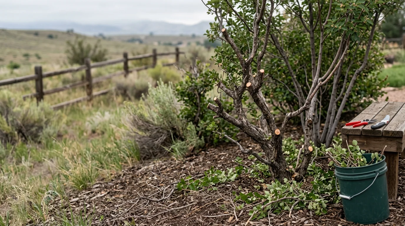 A Colorado Native Tree Care crew member inspecting and maintaining healthy shrubs in a residential yard in Berthoud, Colorado. Shrubs are neatly shaped and surrounded by dry Front Range landscape typical of Northern Colorado properties.