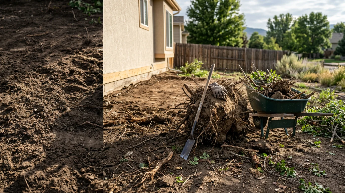 Overgrown shrubs fully removed from a residential yard in Berthoud, Colorado, with cleared ground ready for new landscaping. A clean property edge is visible where a dense foundation planting once stood.