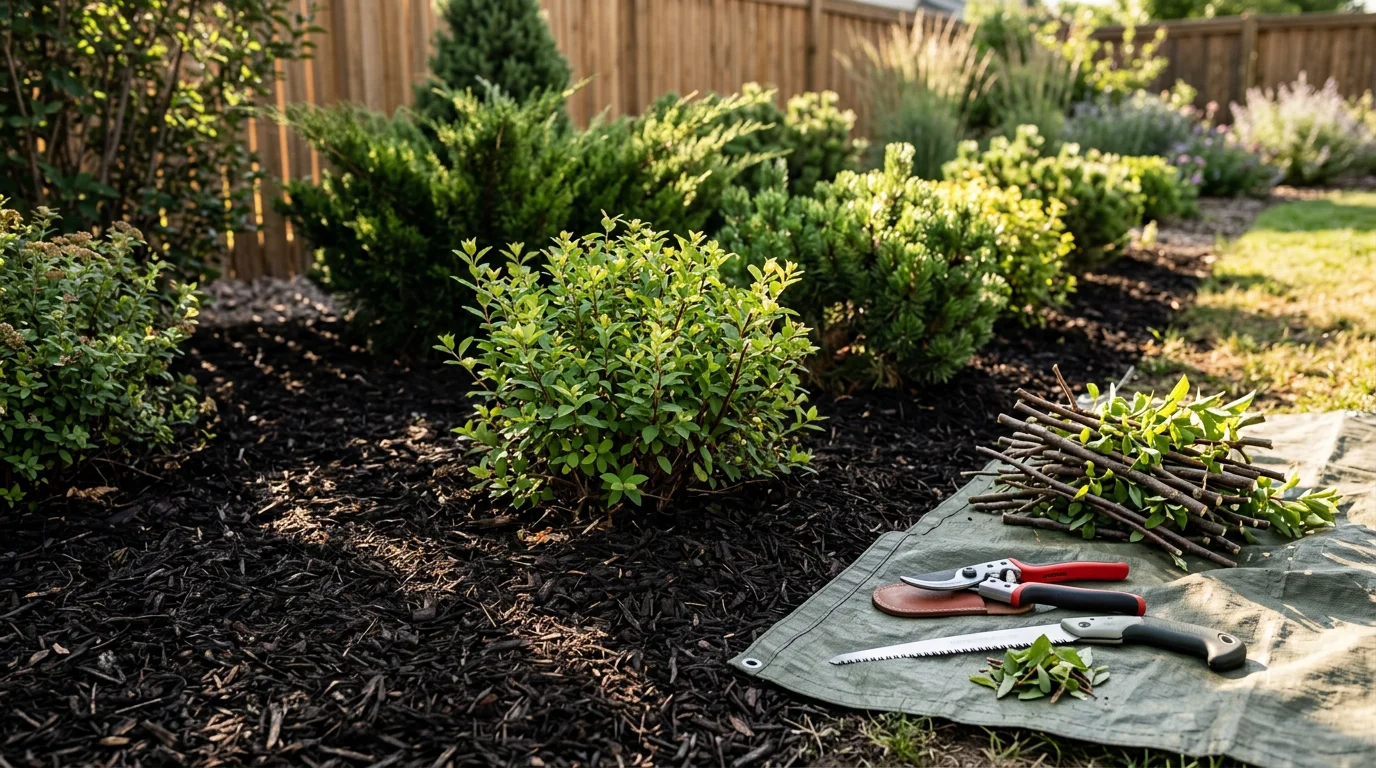 A Berthoud homeowner's neatly trimmed shrubs along a residential front yard after professional shrub trimming service. Cleanly shaped plants with no dead wood visible, set against a Northern Colorado home exterior.