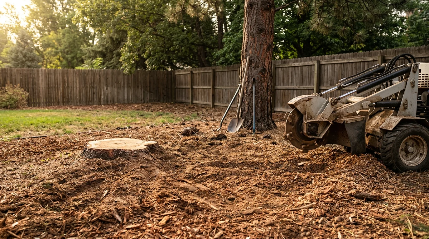 A freshly ground tree stump flush with the lawn on a residential property in Berthoud, Colorado. Wood chips fill the cavity where the stump once stood, leaving a level surface ready for replanting.