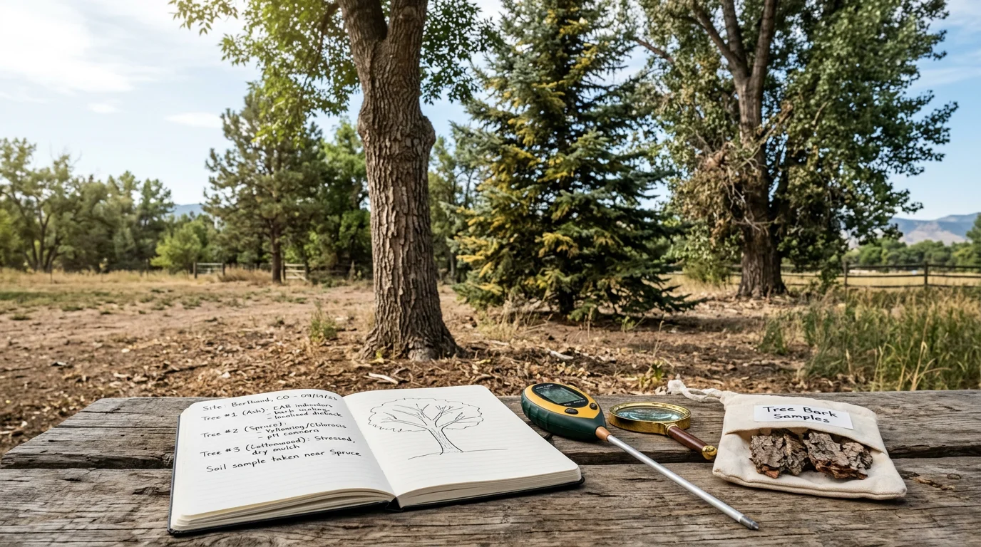 An ISA-certified arborist from Colorado Native Tree Care inspecting the bark and canopy of a mature tree on a residential property in Berthoud, Colorado. The arborist examines the trunk closely during an on-site tree health consultation on a clear Front Range day.