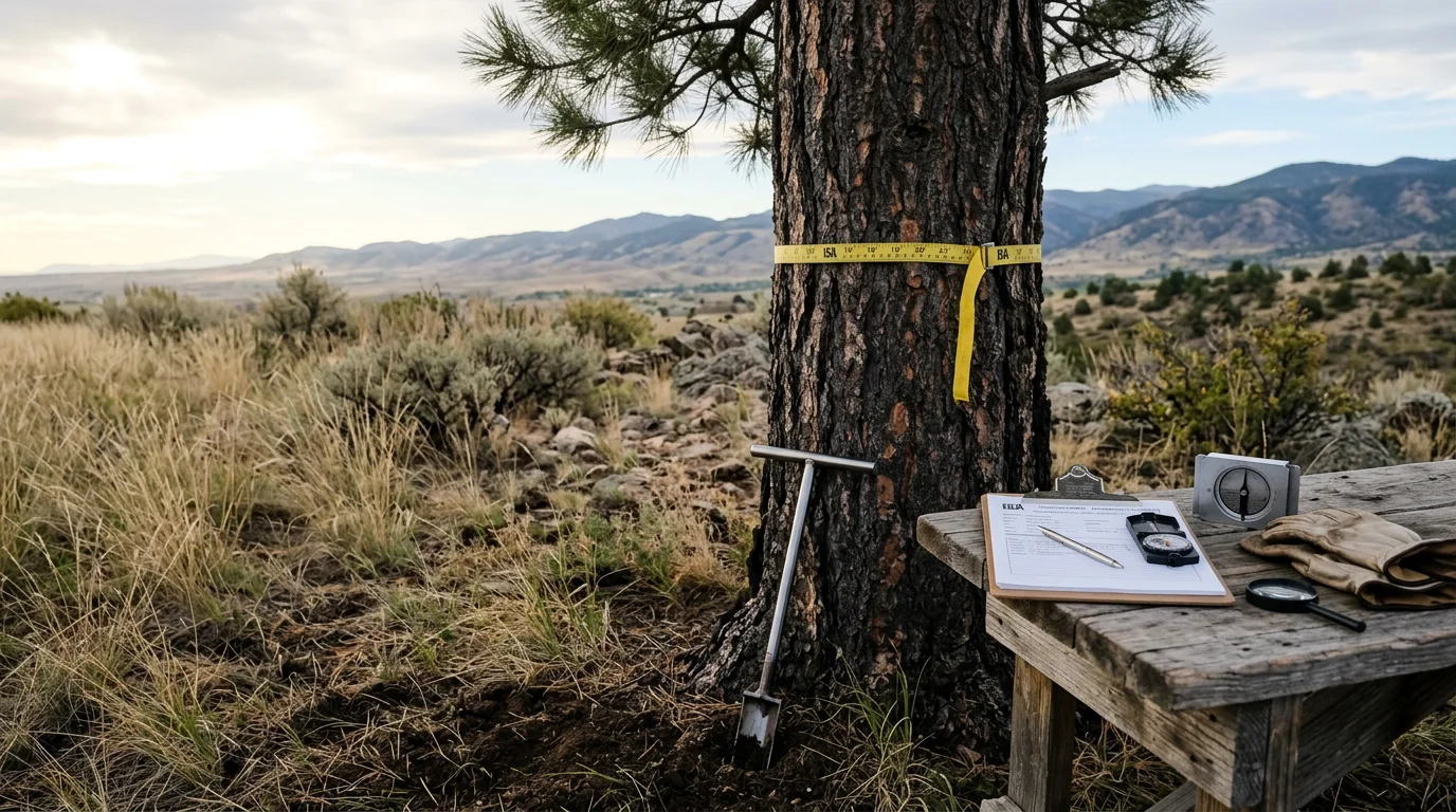 An ISA-certified arborist inspecting the base and root zone of a large mature tree on a residential property in Berthoud, Colorado. The arborist is taking notes on a clipboard with the tree's canopy visible against a clear Front Range sky.