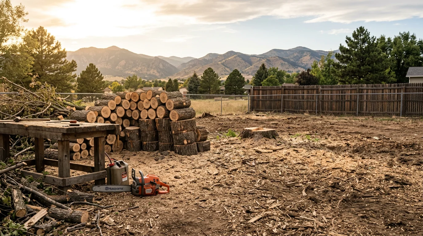 A large dead ash tree being removed in sections in a residential Berthoud, Colorado backyard. The crew works near a wooden fence with the Colorado foothills visible in the background.