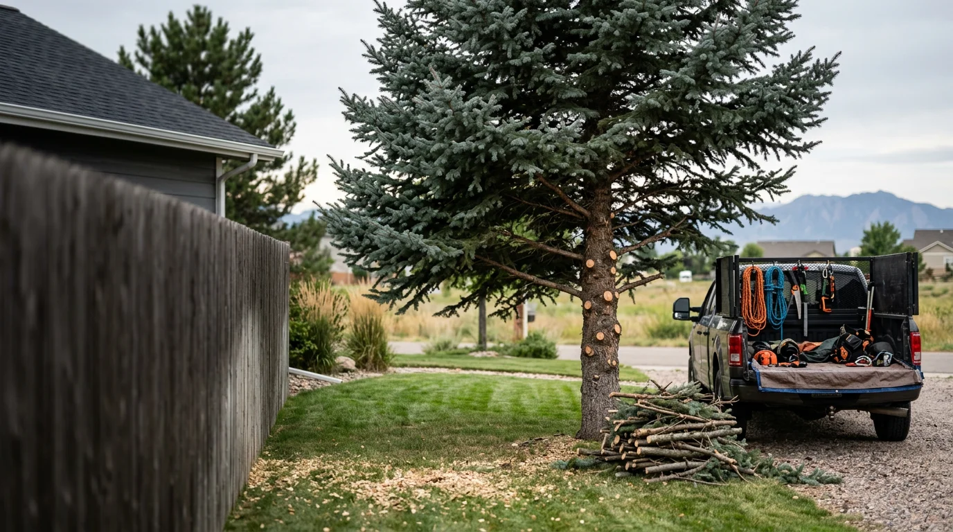 An ISA-certified arborist trimming overgrown branches from a mature shade tree in a Berthoud residential yard. Deadwood and crossing limbs have been removed, leaving a clean, open canopy above the roofline.